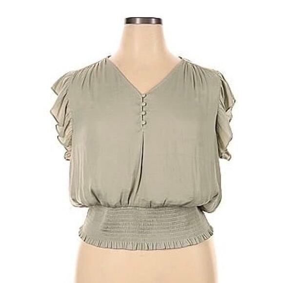 NWT Rachel Zoe Short Ruffle Sleeve Ruched Waist Blouse Sage Green - Size Medium - Picture 1 of 6